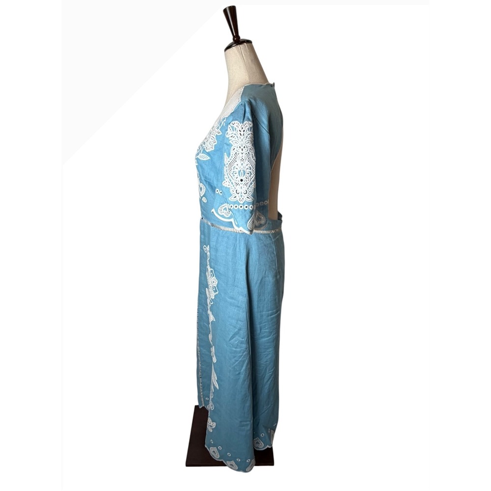 Farm Rio Midi Dress Women Medium Blue Embroidered Linen Open Back Scallop Boho - Picture 6 of 12